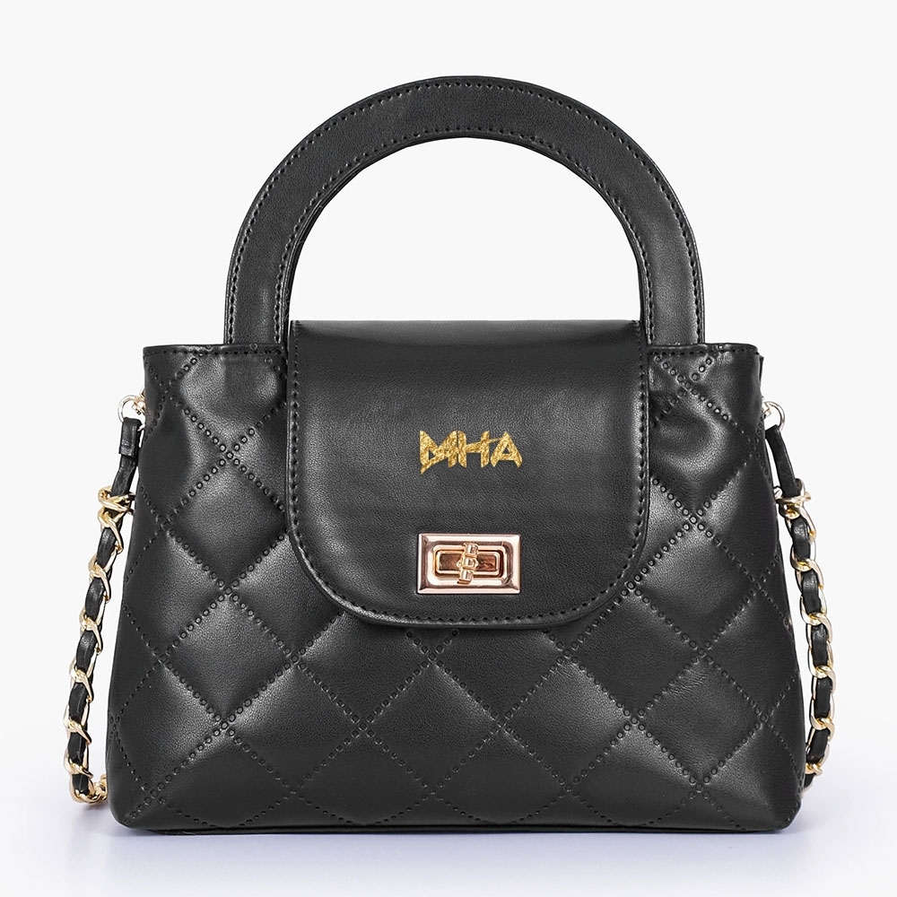 Black Flap Quilted Bag With Top Handle