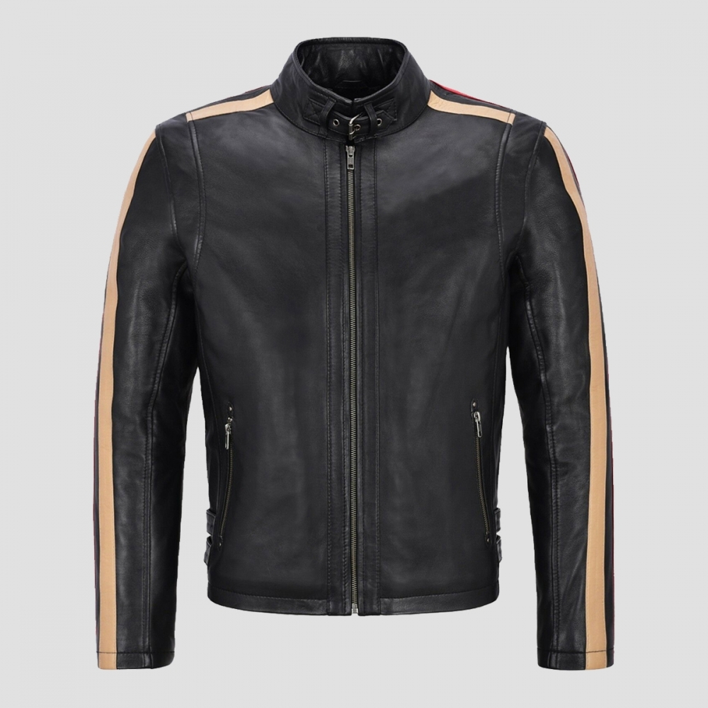 Cafe Racer Cream and Red Striped Black Leather Jacket